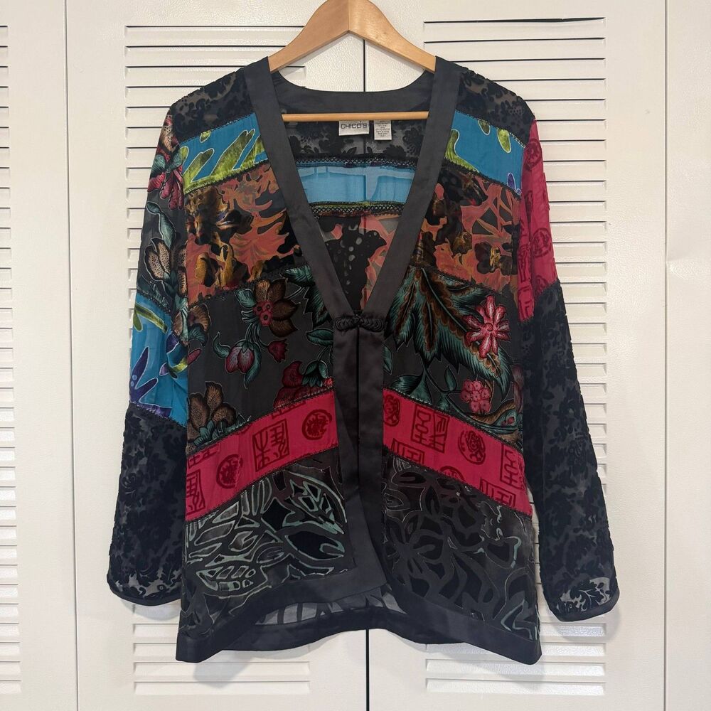 Chico’s Size 1 M Silk Rayon Velvet Patchwork Kimono Jacket Boho Artwear